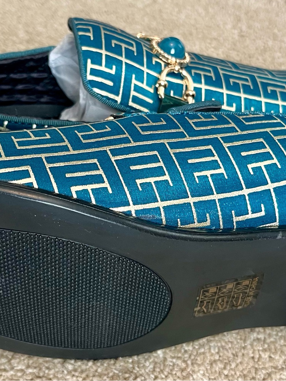 Teal Patterned Loafers with Gold Chain Accent - Picture 5 of 7
